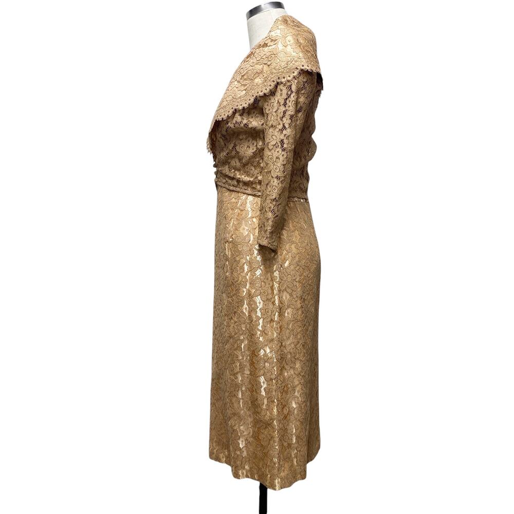 Vintage Womens Homemade Tan Lace Short Sleeve Dress Bolero Jacket Set - Picture 4 of 11